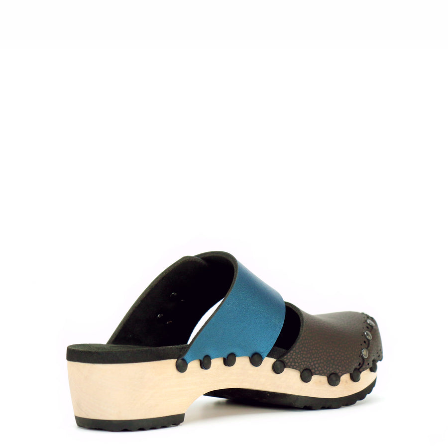 Low Clog Closed Toe Mule in Espresso and Azure - Mohop