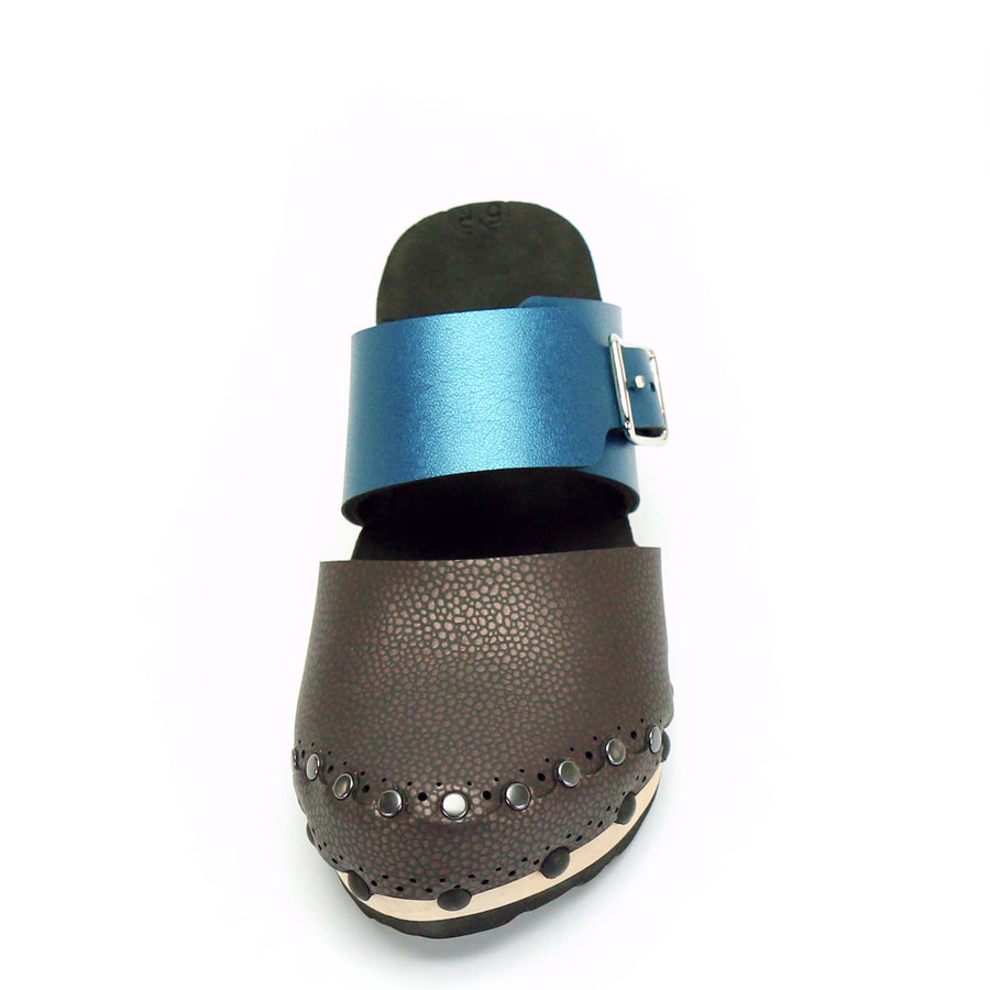 Low Clog Closed Toe Mule in Espresso and Azure - Mohop
