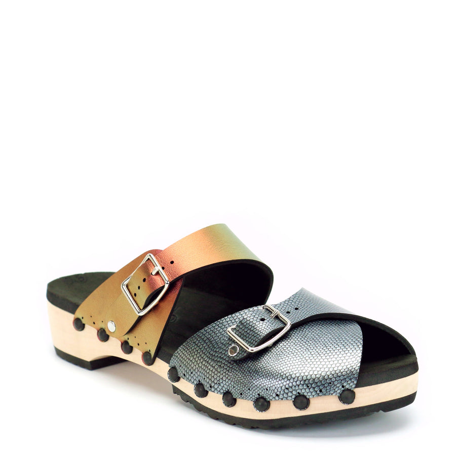 Low Clog Peep Toe Mule in Pewter and Ruby - Mohop