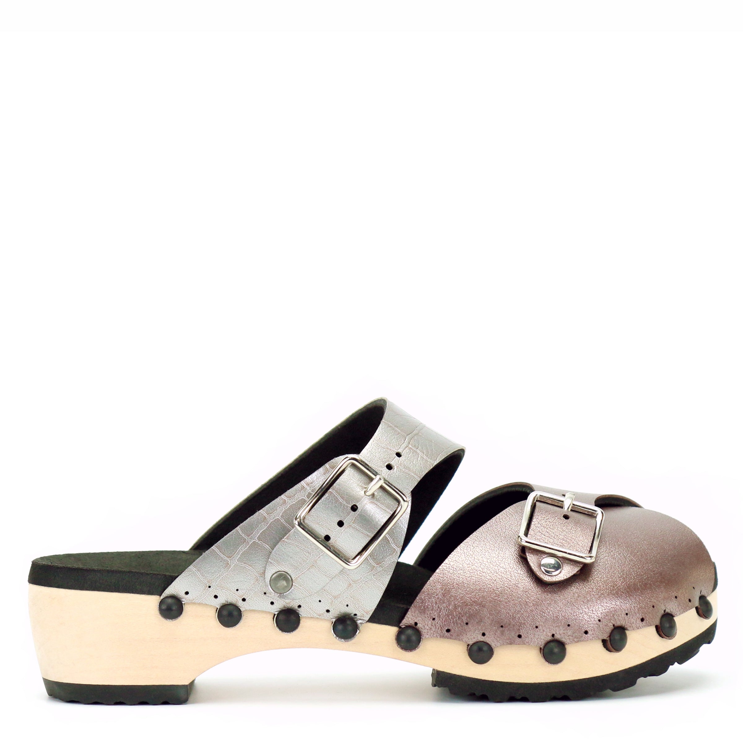 Low Clog Peep Toe Mules in Rose and Croc - Vegan Clogs