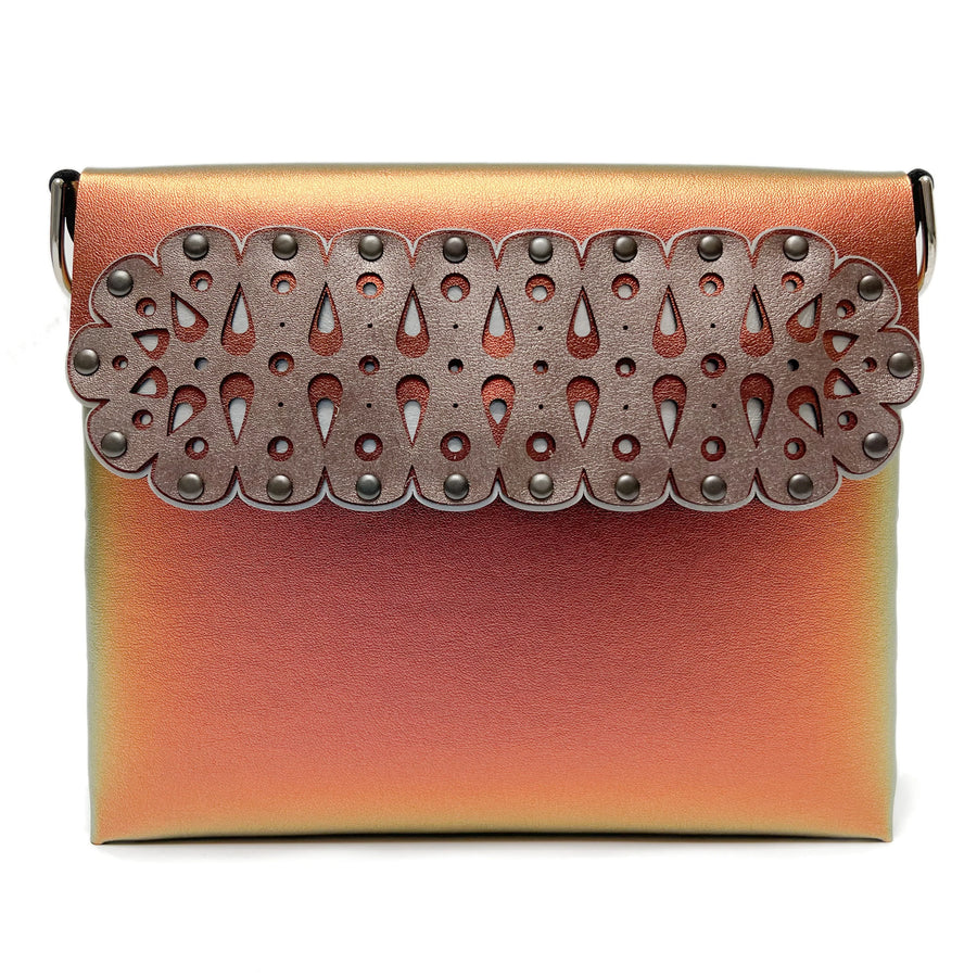 Ruby Square Bubble Bag with laser cut multi layer front flap.  Hand riveted from vegan iridescent leather.
