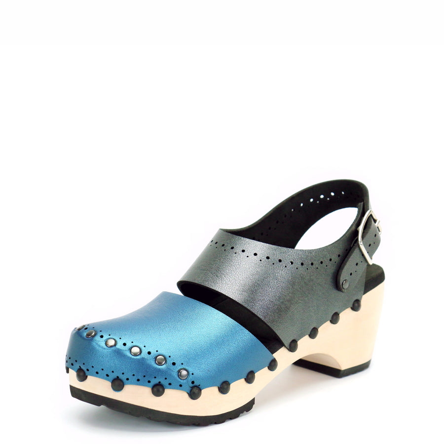 Mid Clog Closed Toe Slingback in Azure and Slate - Mohop