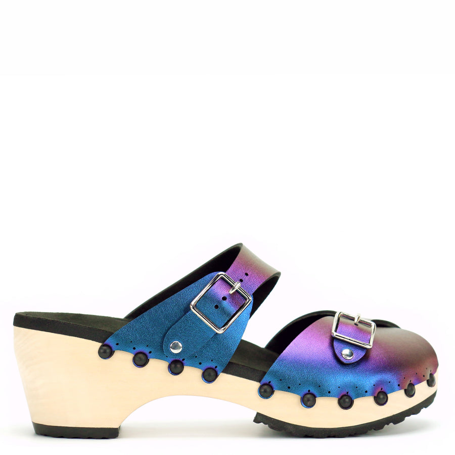 Mid Clog Peep Toe Mule in Peacock - Mohop