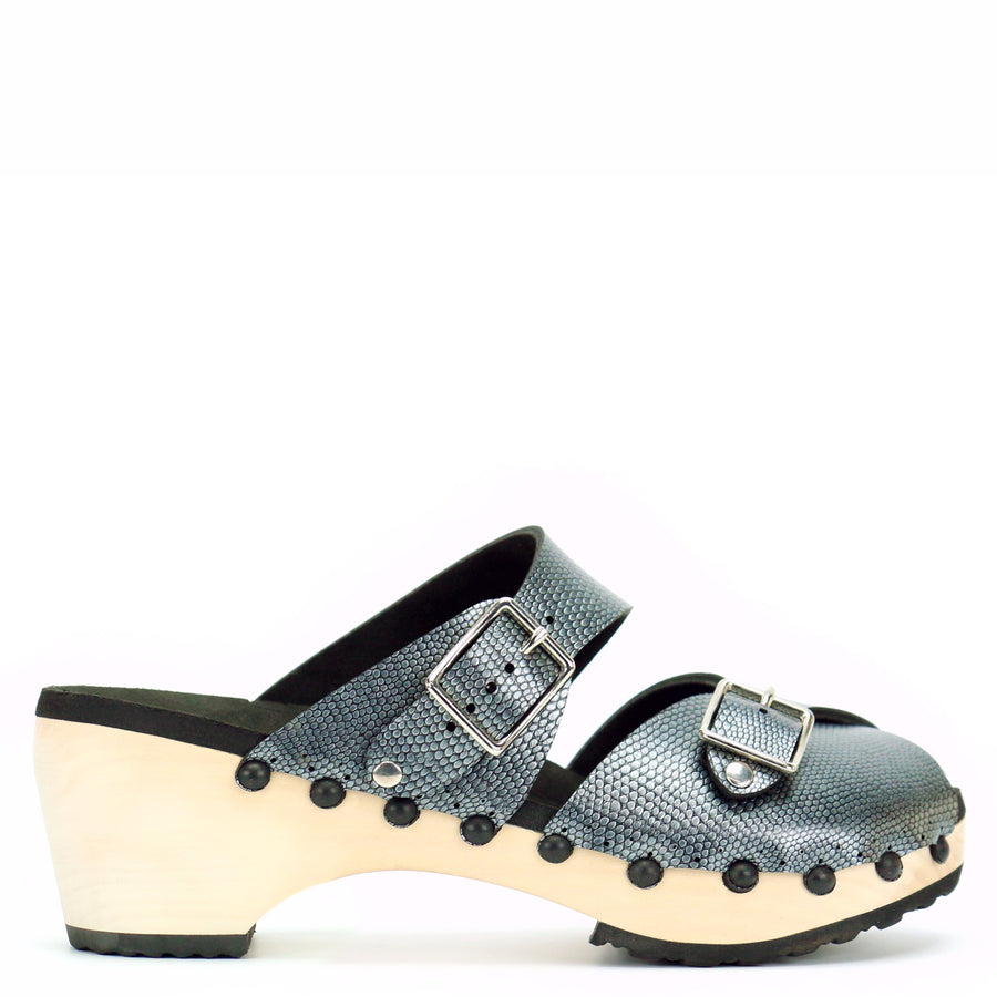 Mid Clog Peep Toe Mule in Pewter - Mohop