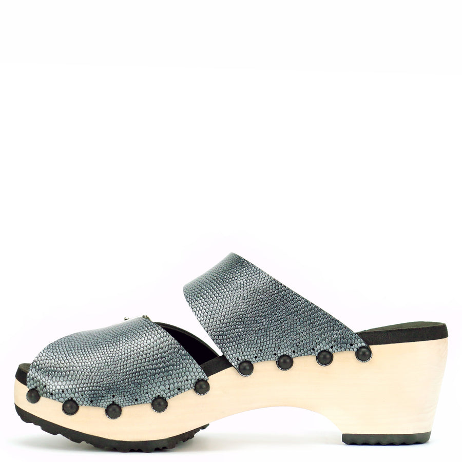 Mid Clog Peep Toe Mule in Pewter - Mohop