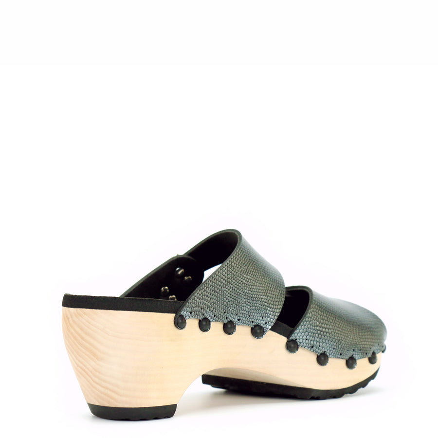 Mid Clog Peep Toe Mule in Pewter - Mohop