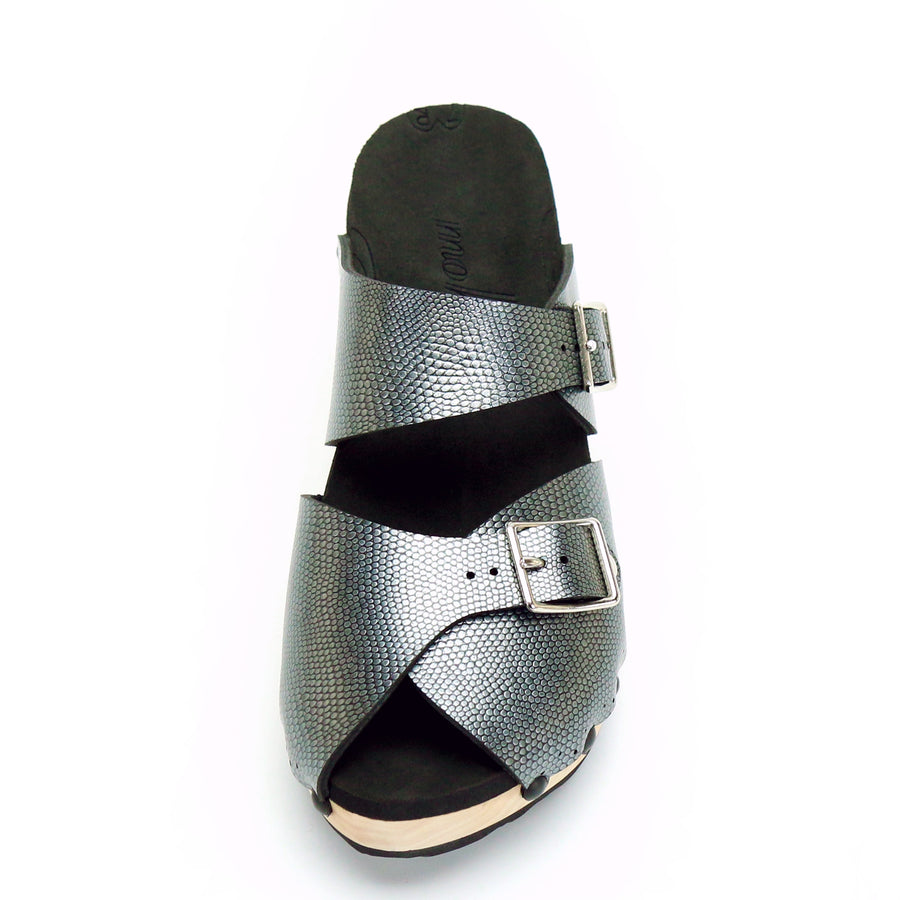 Mid Clog Peep Toe Mule in Pewter - Mohop
