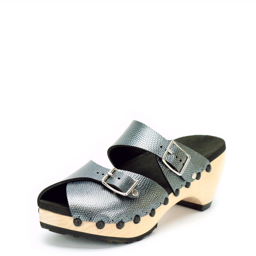 Mid Clog Peep Toe Mule in Pewter - Mohop