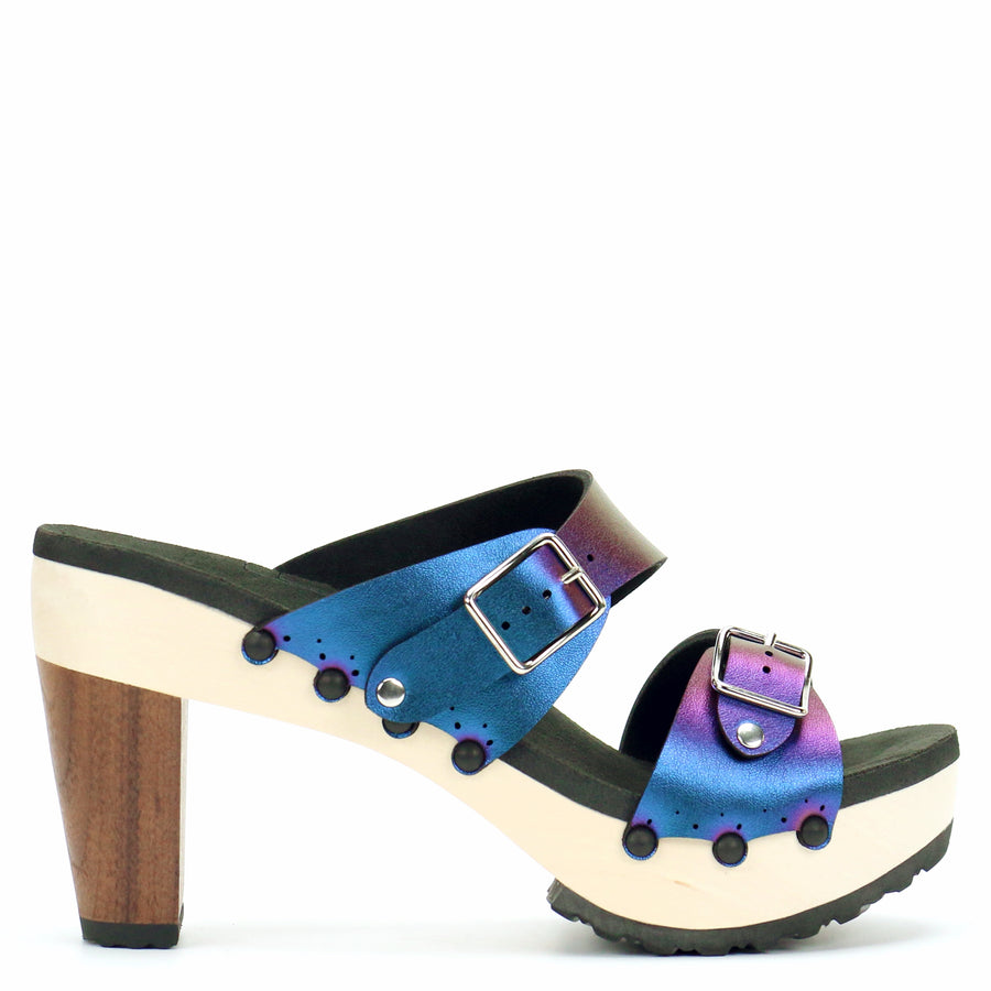 High Heel Buckle Toe Mule in Peacock - Mohop