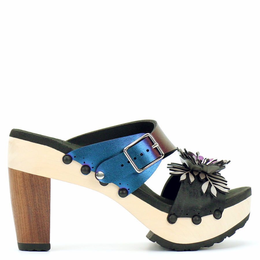 High Heel Flower Toe Mule in Midnight and Peacock - Mohop