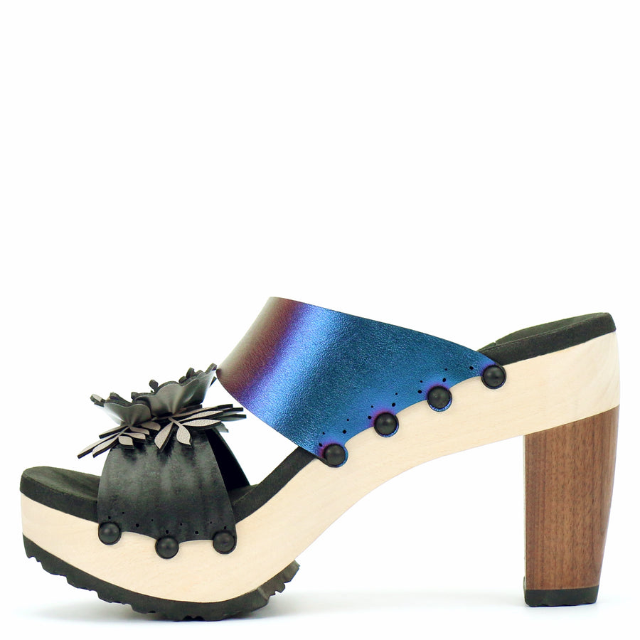 High Heel Flower Toe Mule in Midnight and Peacock - Mohop