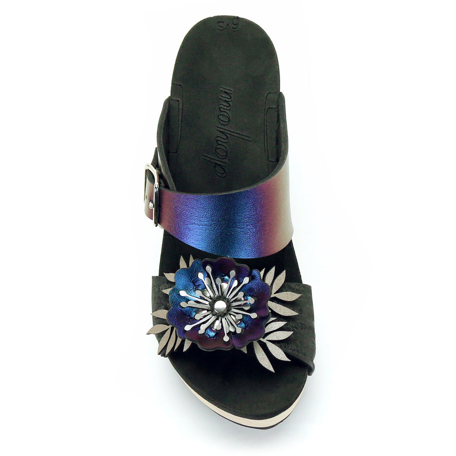High Heel Flower Toe Mule in Midnight and Peacock - Mohop