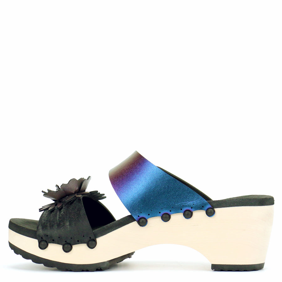 Mid Clog Flower Toe Mule in Midnight and Peacock - Mohop