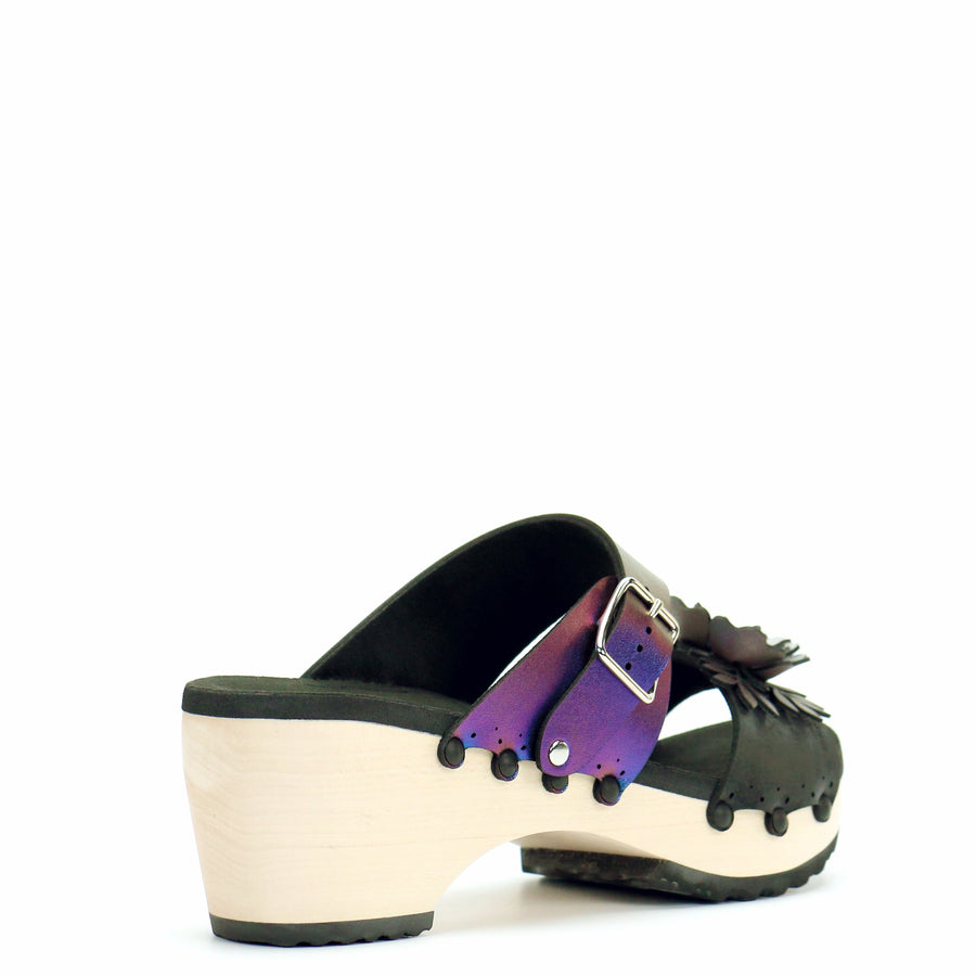 Mid Clog Flower Toe Mule in Midnight and Peacock - Mohop