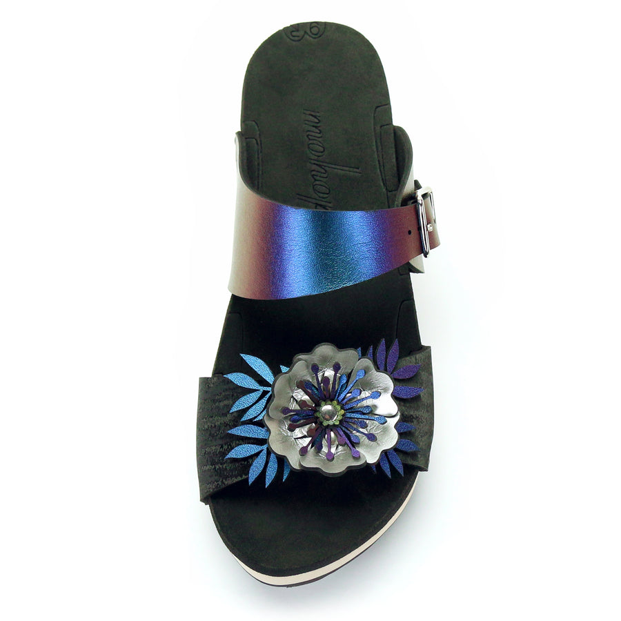 Mid Clog Flower Toe Mule in Midnight and Peacock - Mohop