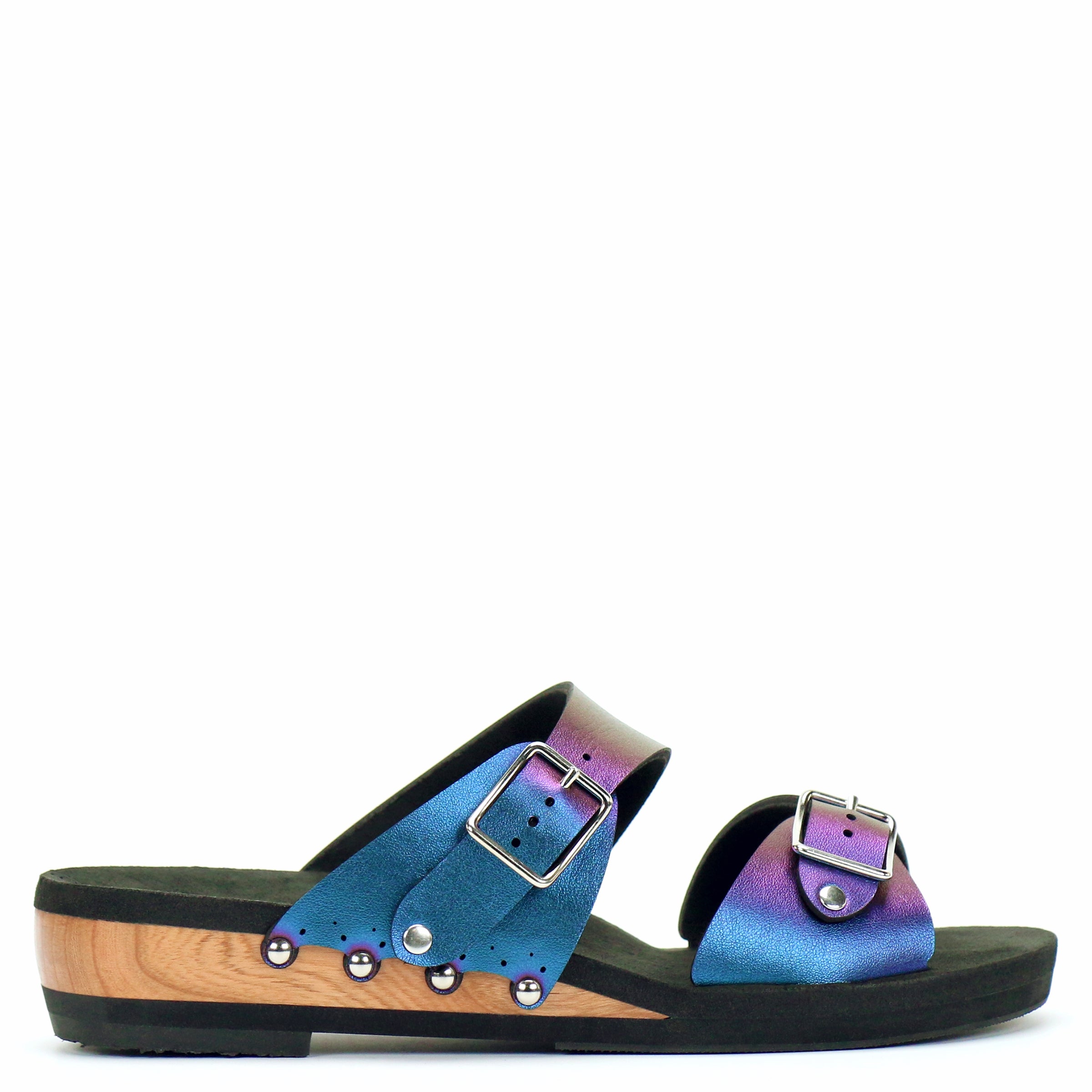 Low Wedge Buckle Toe Mule in Peacock - Vegan Sandals - Made in USA