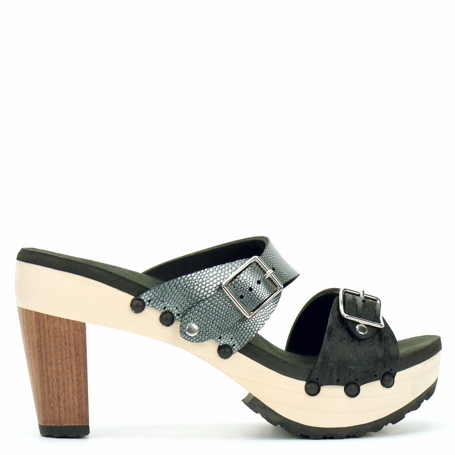 High Heel Buckle Toe Mule in Midnight and Pewter - Mohop