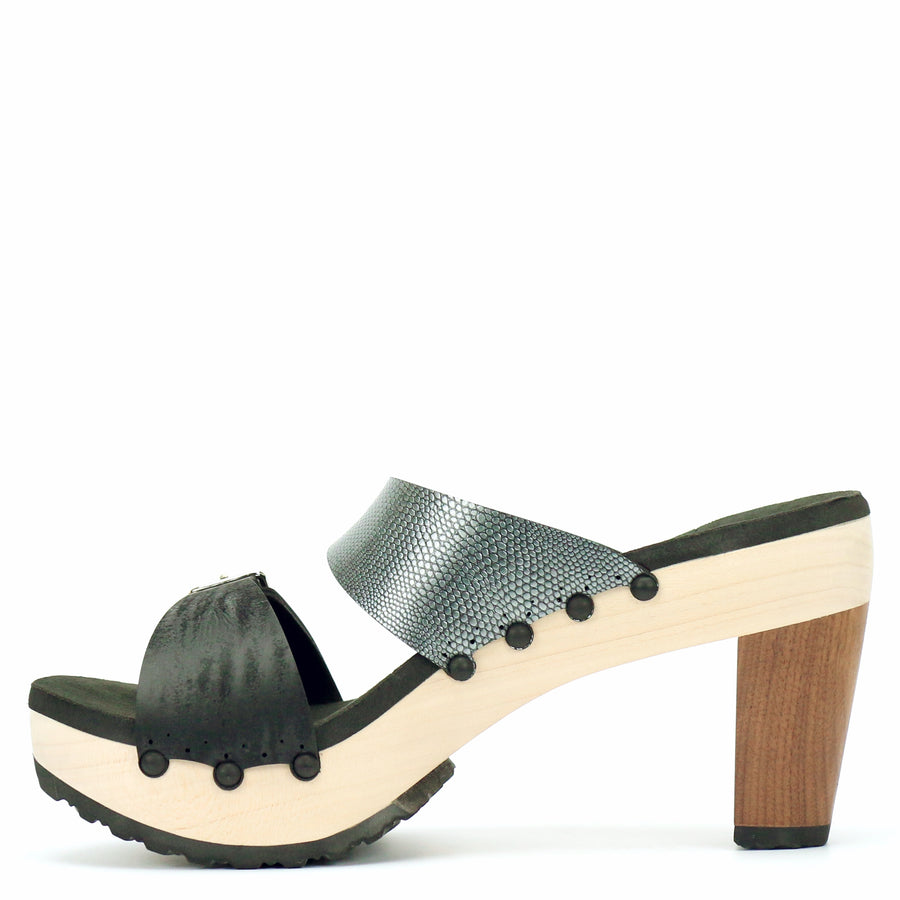 High Heel Buckle Toe Mule in Midnight and Pewter - Mohop