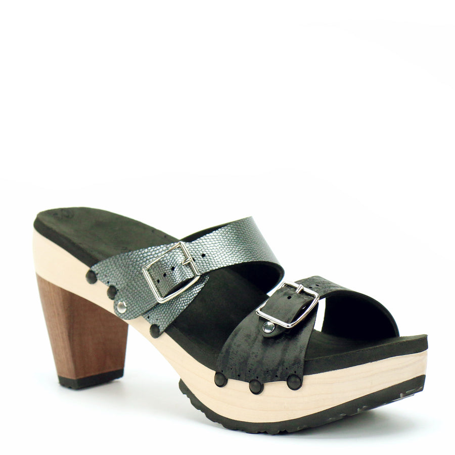 High Heel Buckle Toe Mule in Midnight and Pewter - Mohop