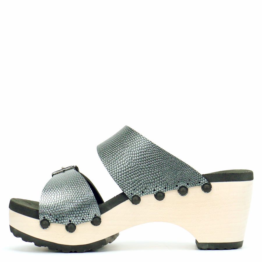 Mid Clog Buckle Toe Mule in Pewter - Mohop
