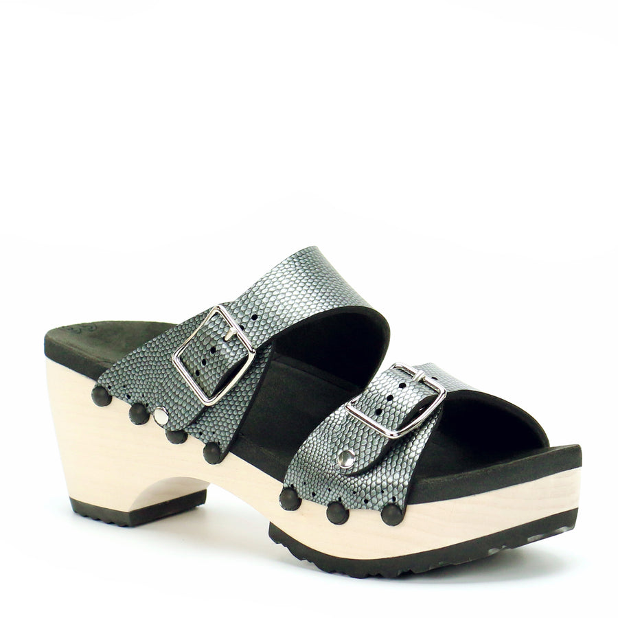 Mid Clog Buckle Toe Mule in Pewter - Mohop