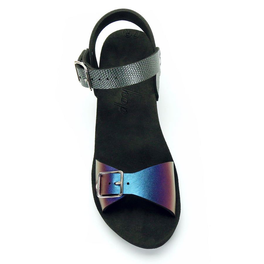 Mid Wedge Buckle Toe Ankle in Peacock and Pewter - Mohop