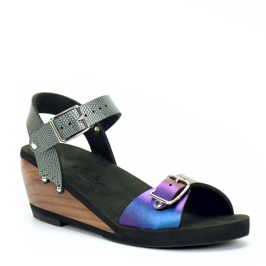 Mid Wedge Buckle Toe Ankle in Peacock and Pewter - Mohop