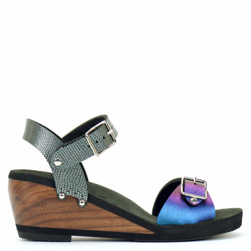 Mid Wedge Buckle Toe Ankle in Peacock and Pewter - Mohop