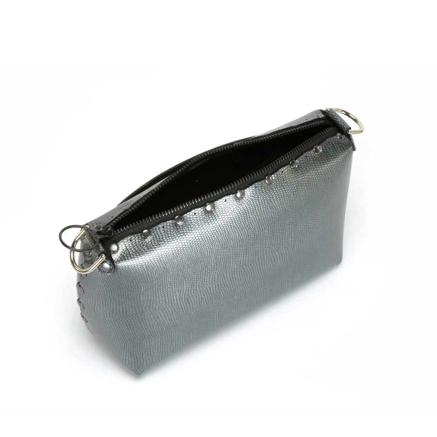 Top view of zipper in pewter small crossbody bag