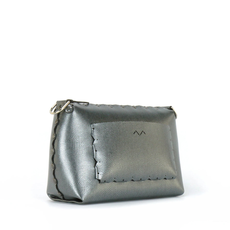 Rear side view of pewter small crossbody bag