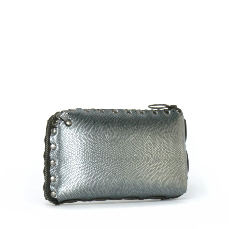 Side view of pewter wallet bag showing wrap around zipper