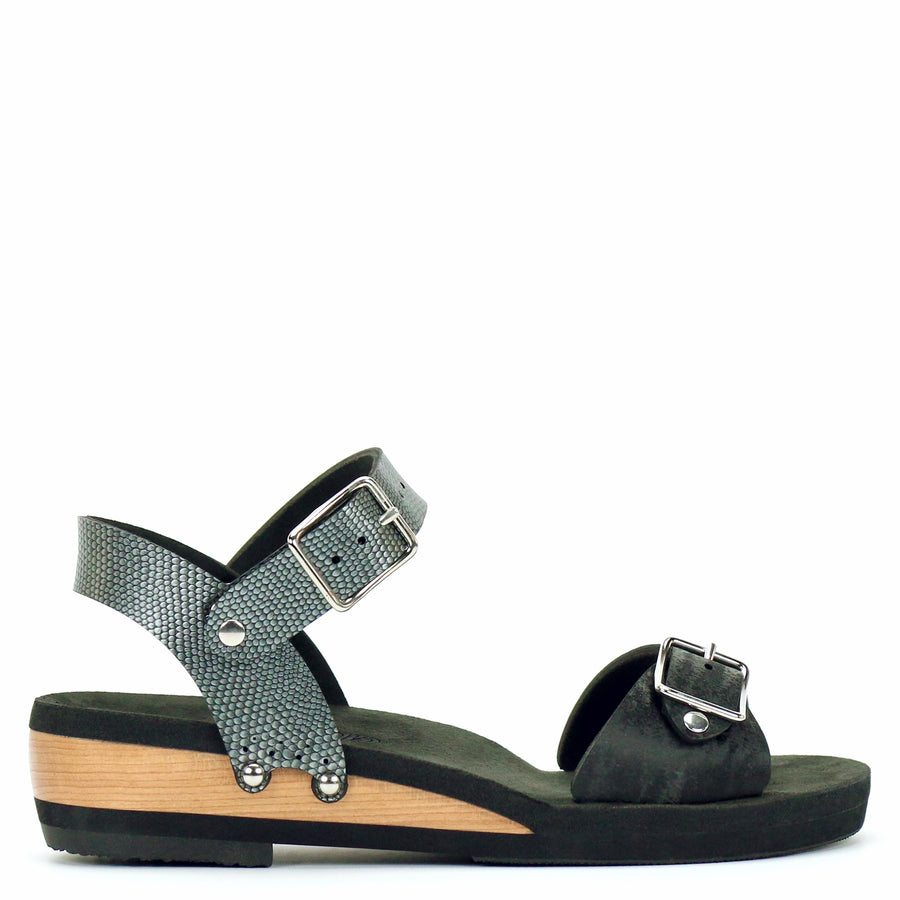 Low Wedge Buckle Toe Ankle in Midnight and Pewter - Mohop