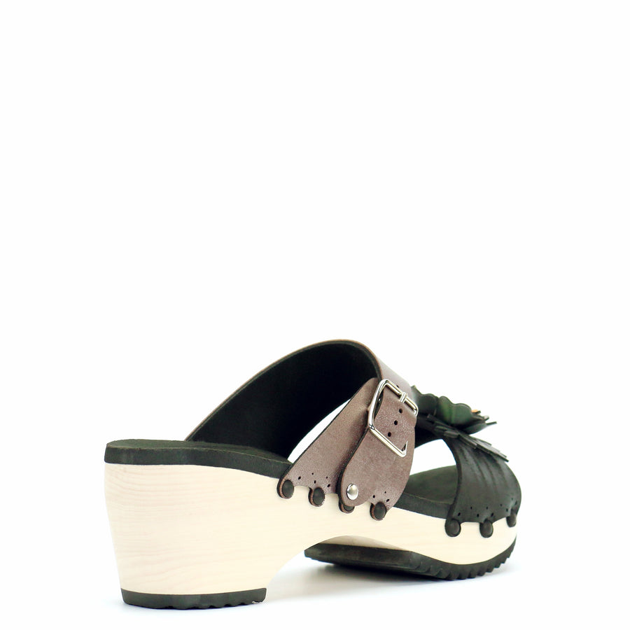 Mid Clog Flower Toe Mule in Midnight and Rose - Mohop