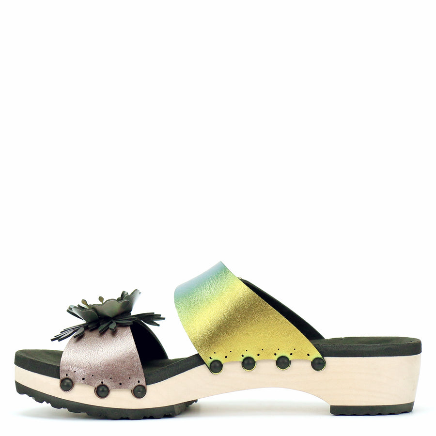 Low Clog Flower Toe Mule in Rose and Scarab - Mohop