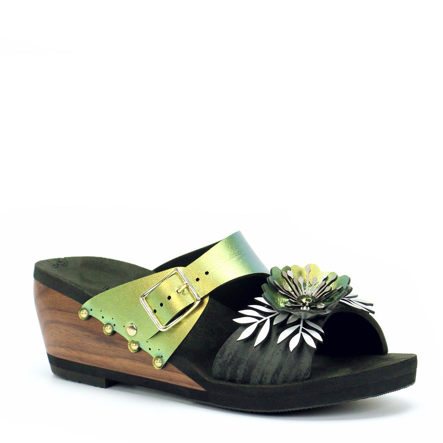 Mid Wedge Flower Toe Mule in Midnight and Scarab - Mohop