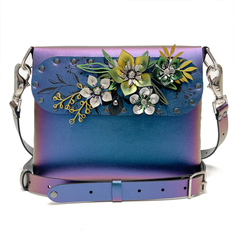 Peacock iridescent square flower bag with crossbody strap