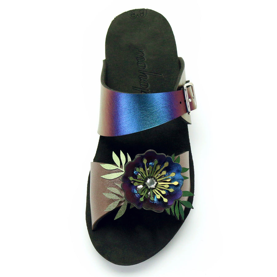 Low Wedge Flower Toe Mule in Rose and Peacock - Mohop